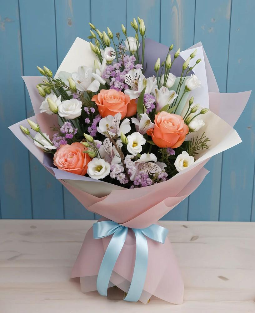 Букет цветов из: Лизиантусы, Розы, Альстромерии и Гипсофила в Губино